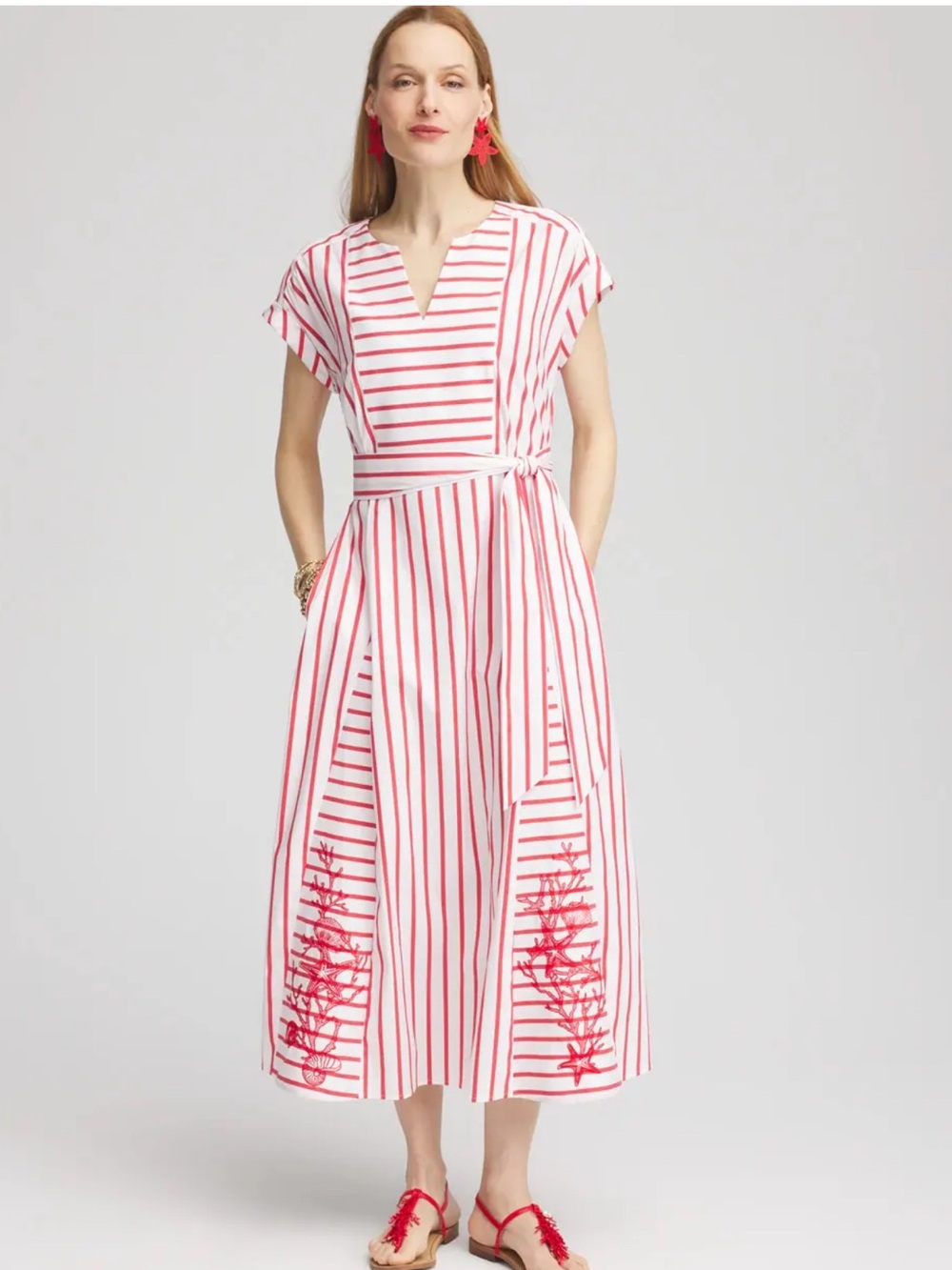 Chico’s Godet Red Stripe Nautical Embroidered Midi Dress Size 2.5 US 14 NO BELT